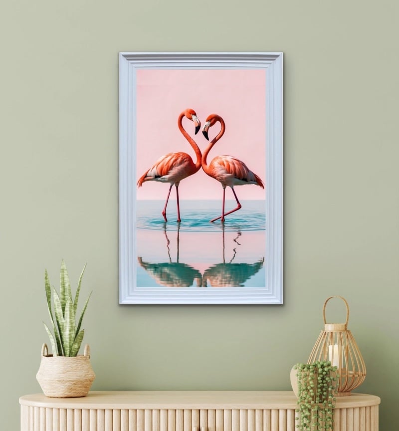 Flamingo Pair Reflected in Pastels Vintage Wall Art  115cm x 75cm white frame