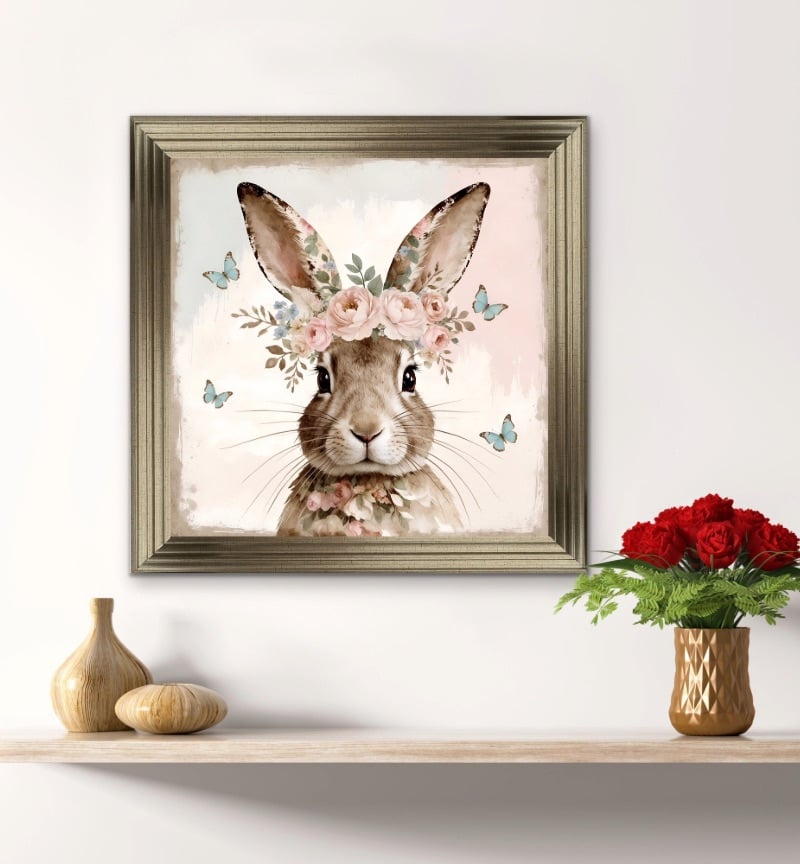 Whimsical Crowned Bramble Rabbit in Pastels 90cm x 90cm