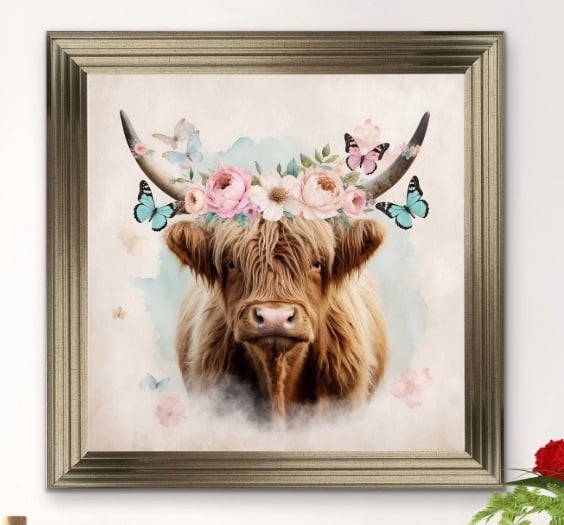 Isla The Highland Cow with Floral Crown in Pastels 90cm x 90cm