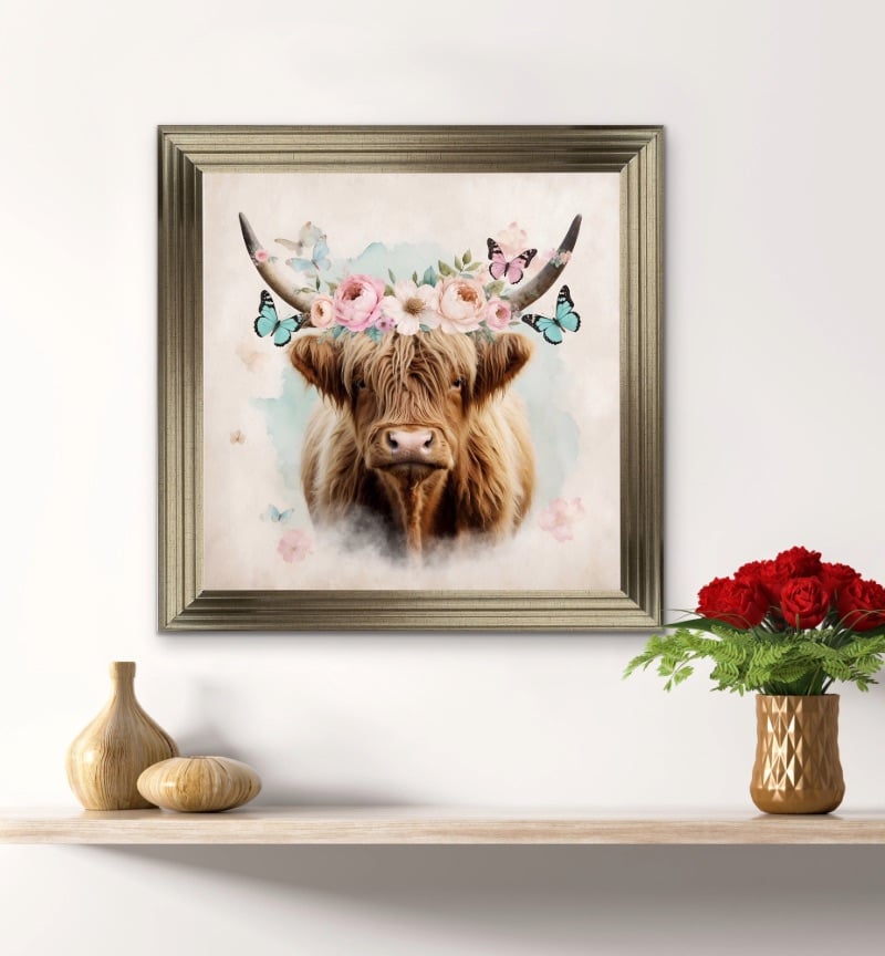 Isla The Highland Cow with Floral Crown in Pastels 90cm x 90cm