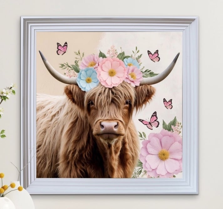 Isla The Highland Cow with Floral Crown in Pastels 90cm x 90cm white framed