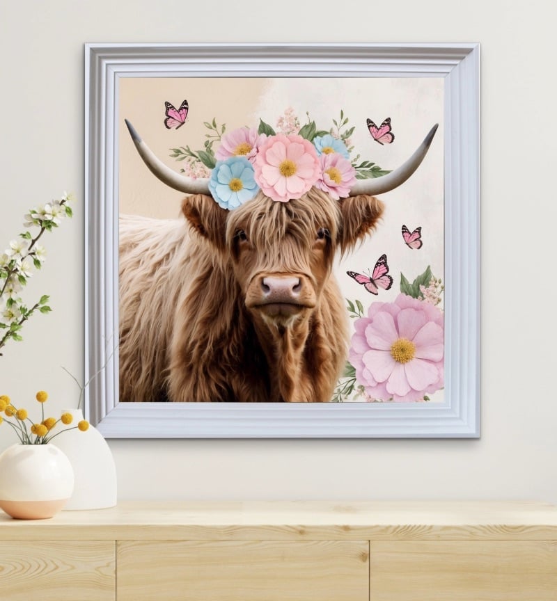 Isla The Highland Cow with Floral Crown in Pastels 90cm x 90cm white framed