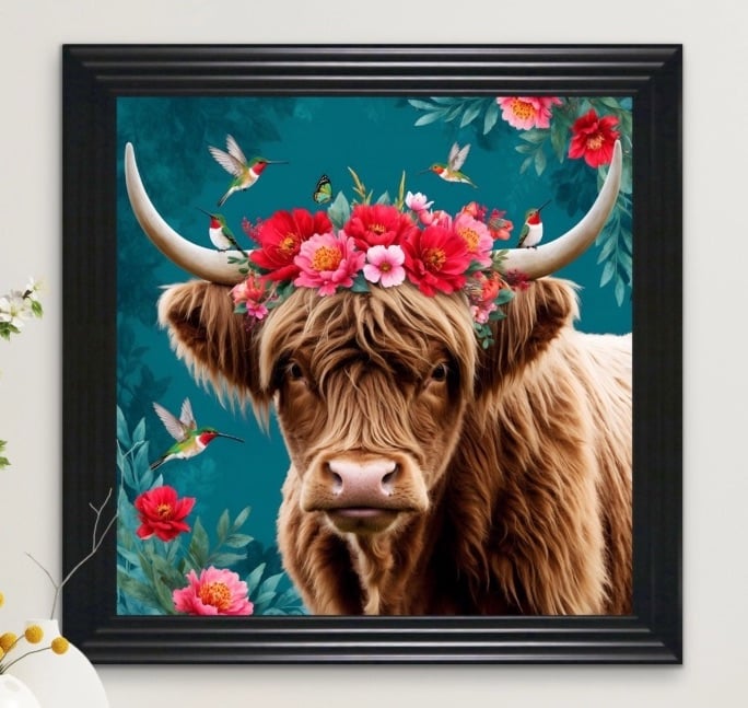 Isla The Highland Cow with Blossom Crown  90cm x 90cm