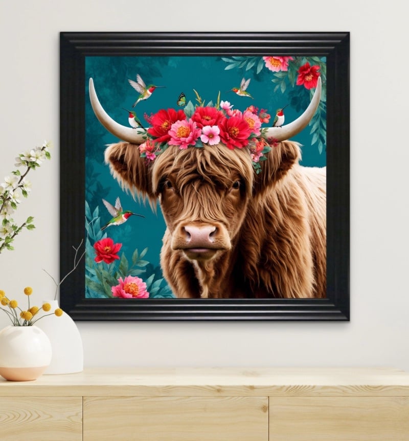 Isla The Highland Cow with Blossom Crown  90cm x 90cm