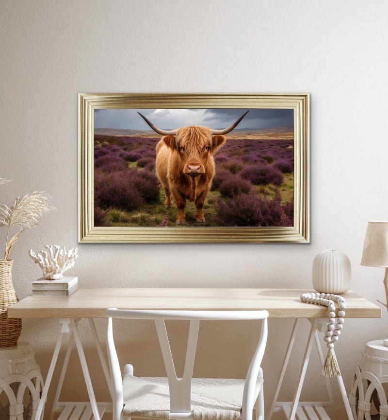 Isla The Highland Cow Standing Amidst a Vast Field Framed Wall Art  115cm x 75cm