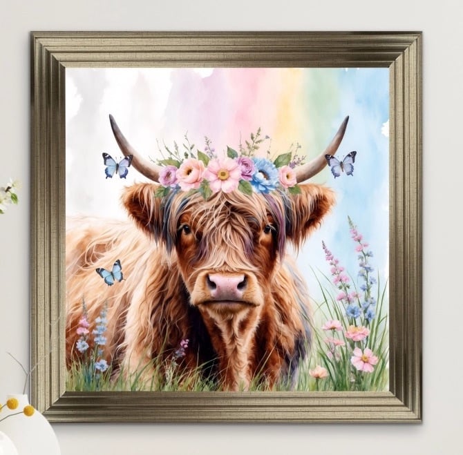Isla The Highland Cow in Pastels 90cm x 90cm
