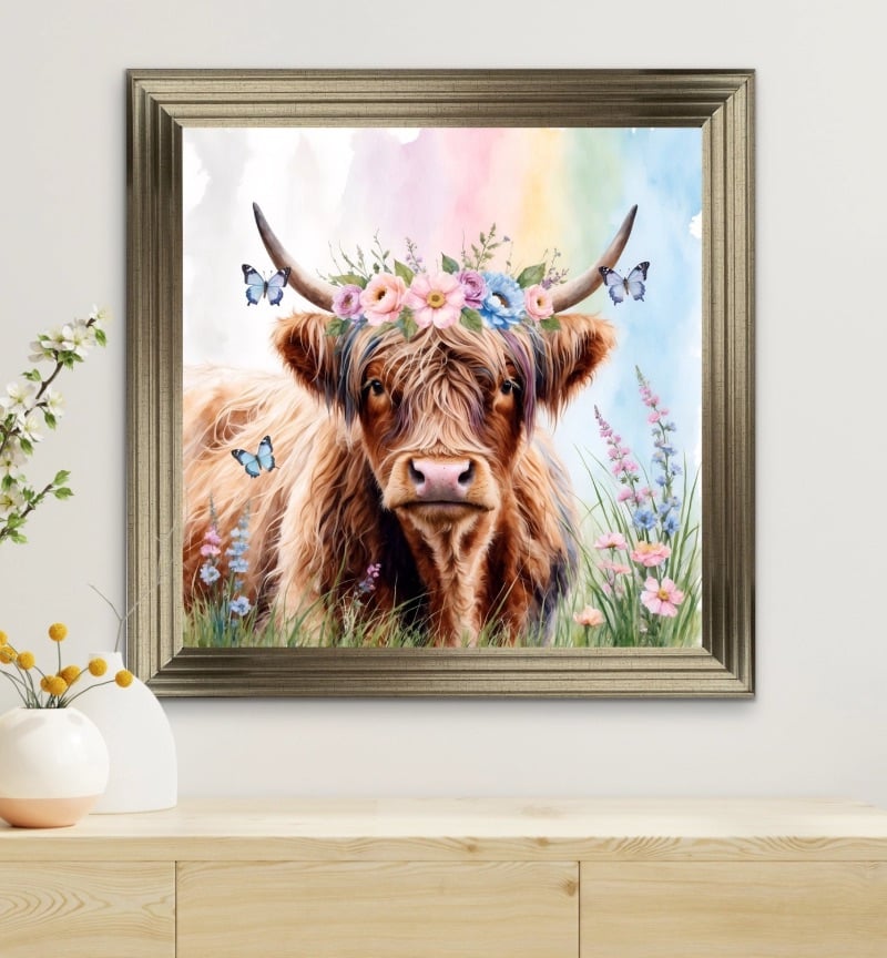 Isla The Highland Cow in Pastels 90cm x 90cm