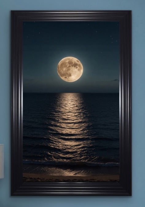 Full Moon Shines Over Ocean Golden Waves Framed Wall Art  115cm x 75cm