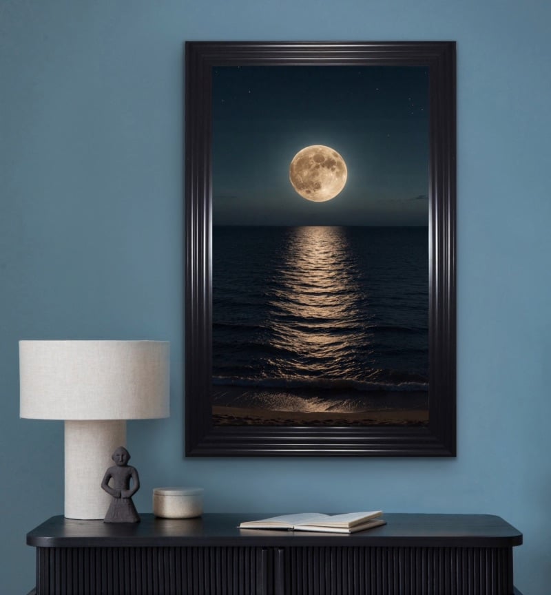Full Moon Shines Over Ocean Golden Waves Framed Wall Art  115cm x 75cm