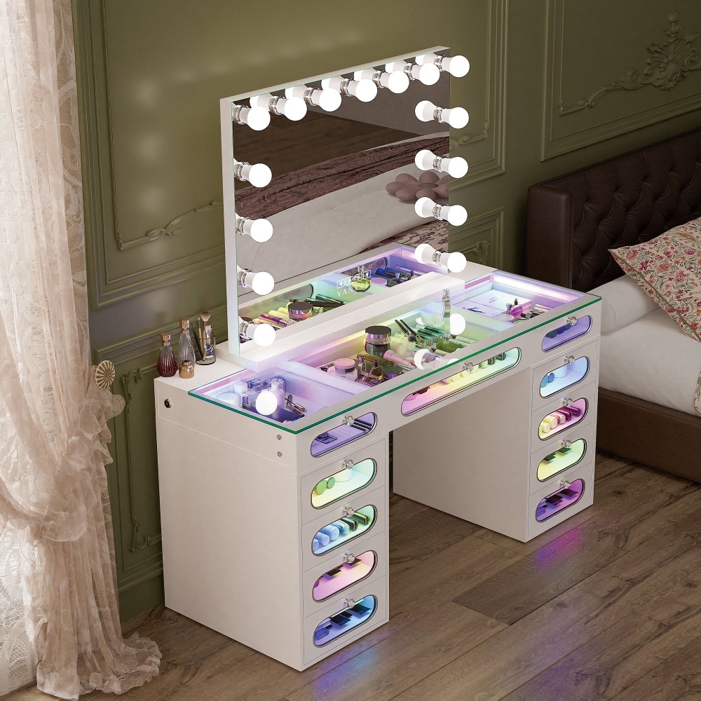 #* 11 Drawer Gabrielle Dressing Hollywood Vanity Table & 15 bulb Hollywood Mirror