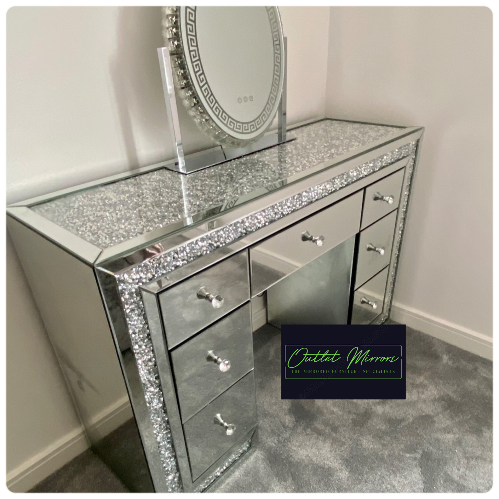 * Monica Diamond Crush Mirrored 7 Drawer Dressing Table with a Diamond crush Top Grade B