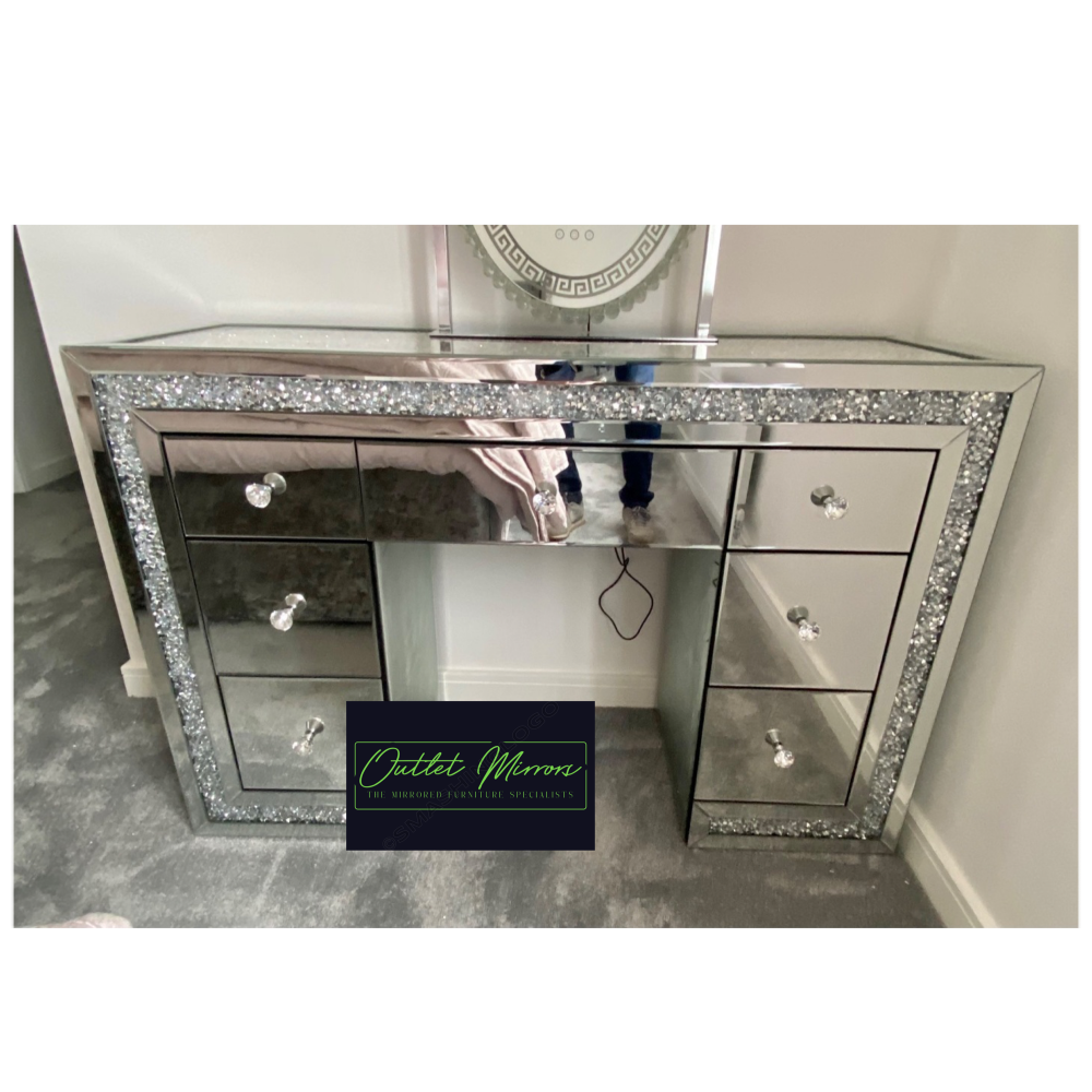 * Monica Diamond Crush Mirrored 7 Drawer Dressing Table with a Diamond crush Top Grade B