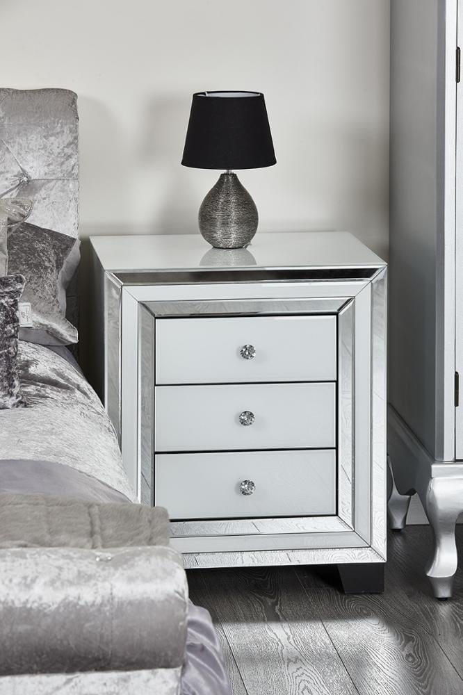 Atlanta White Mirrored pair of 3 Draw bedside chests (x 2)