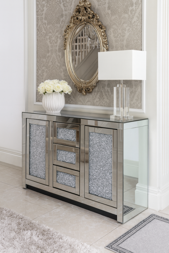 *Diamond Crush Sparkle Crystal Mirrored 3 draw 2 Door Sideboard 120cm