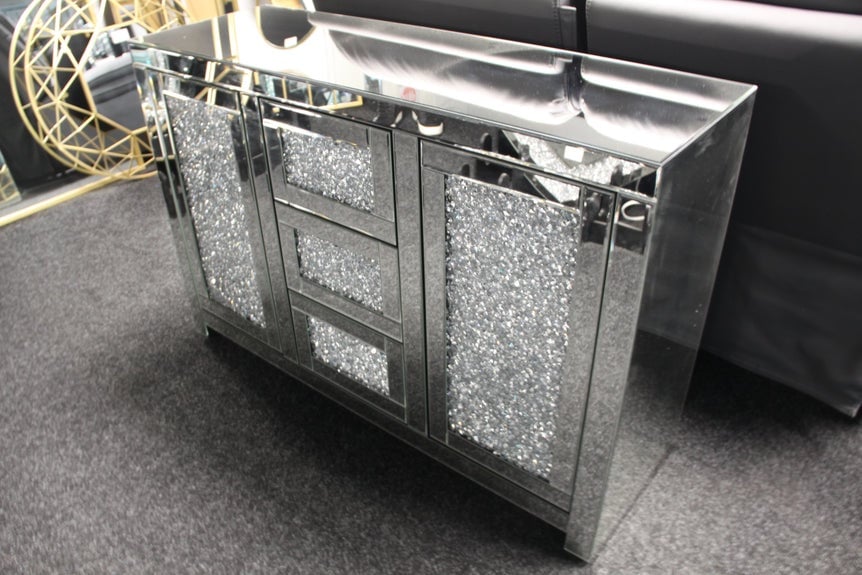 *Diamond Crush Sparkle Crystal Mirrored 3 draw 2 Door Sideboard 120cm