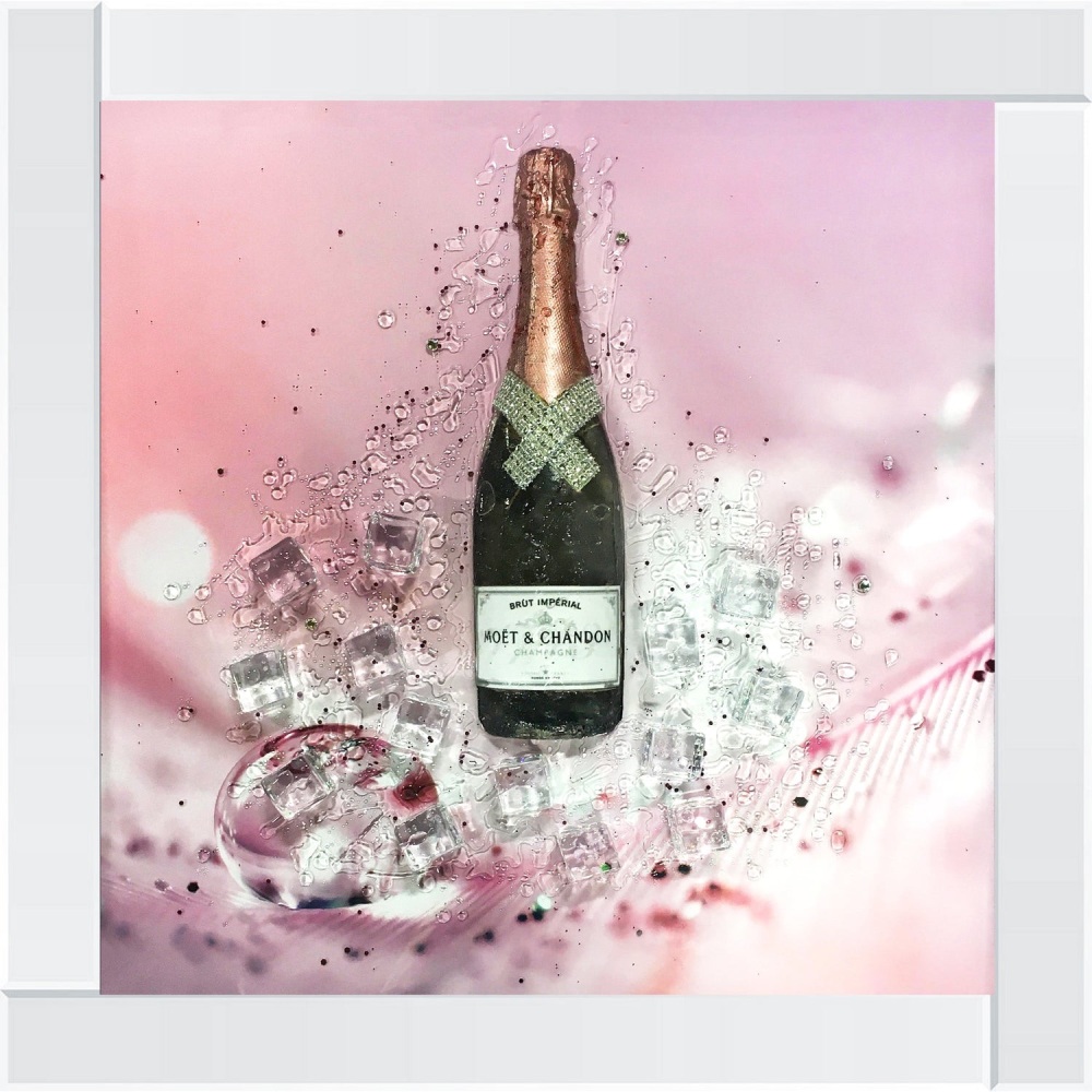 ** 3d Moet Pink Champagne Glitter Art Mirrored Frame ** 65cm  x 65cm