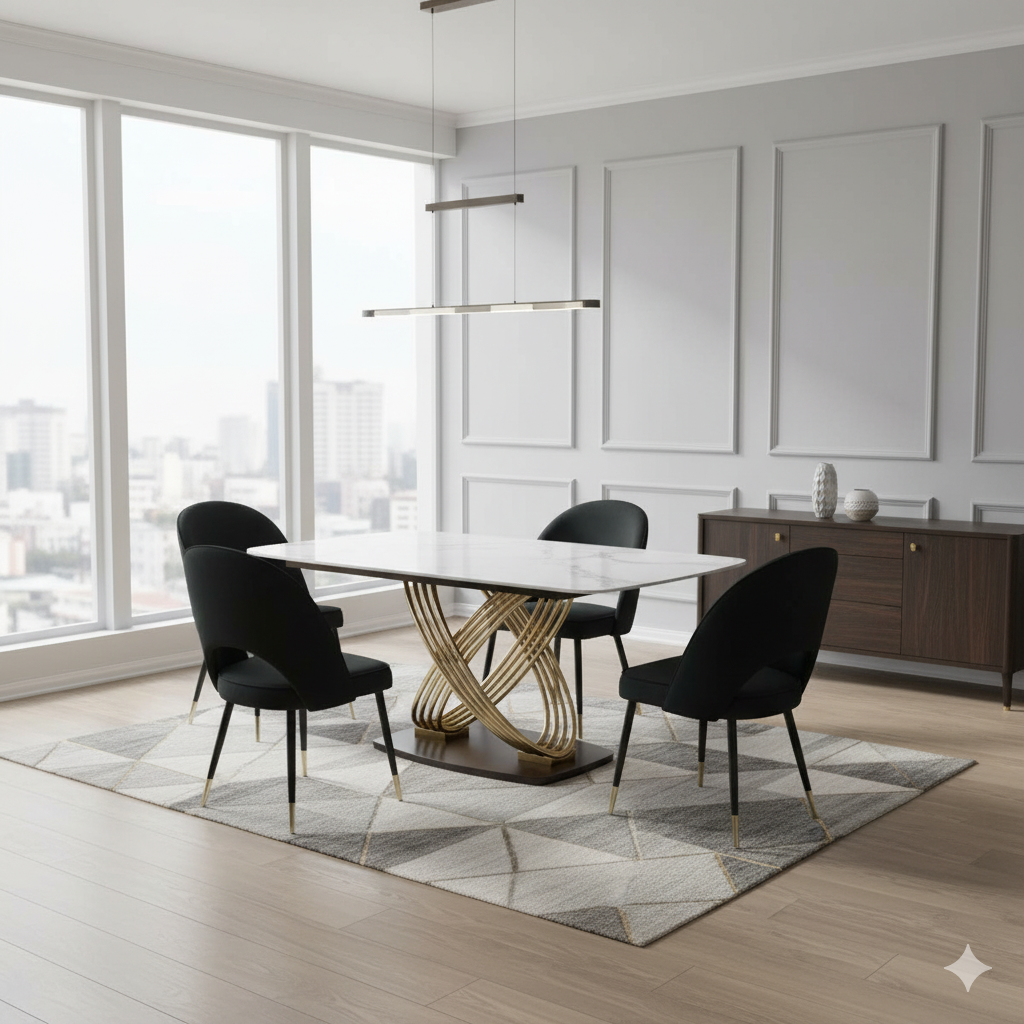 Gold 1.8 Dining Table with Polar White Sintered Stone Top with 4 Chair  colours to choose