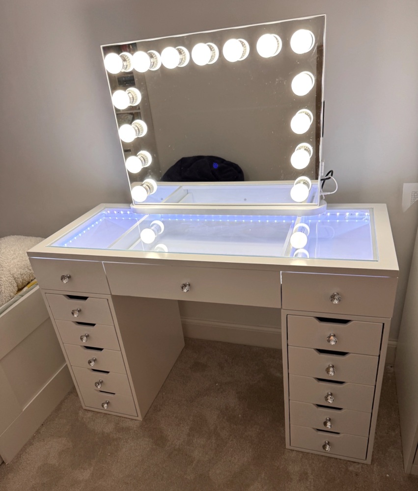 # *SPECIAL OFFER * Toulouse White 120cm 13 Drawer Dressing Table with a clear glass top  led lights &  FREE Hollywood Mirror with bluetooth