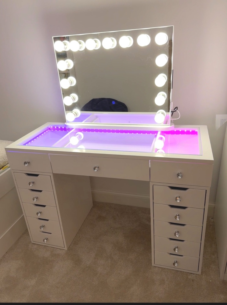 # *SPECIAL OFFER * Toulouse White 120cm 13 Drawer Dressing Table with a clear glass top  led lights &  FREE Hollywood Mirror with bluetooth