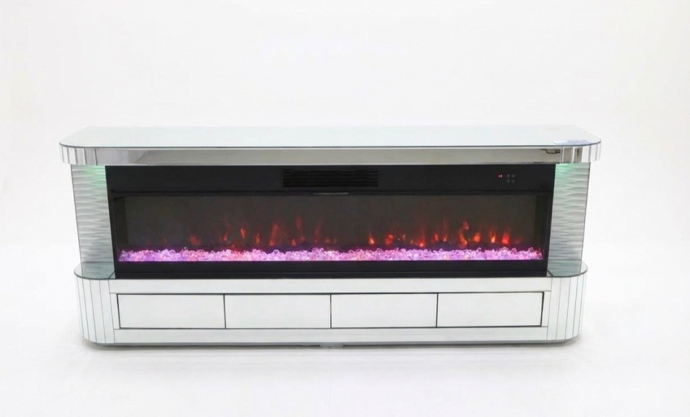 New Silver Mirrored Fire Rounded Edge TV Media Unit with Down lights, 4 Drawers, wireless charging and bluetooth.