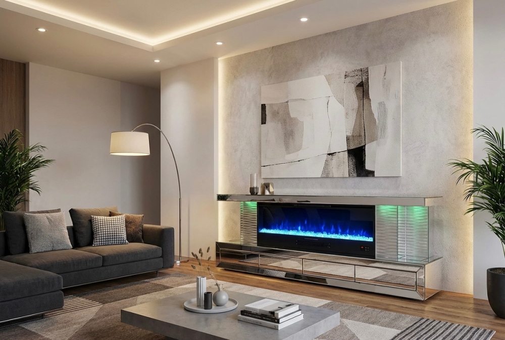 New Silver Mirrored Fire TV Media Unit with Down lights, 4 Drawers, wireless charging and bluetooth.