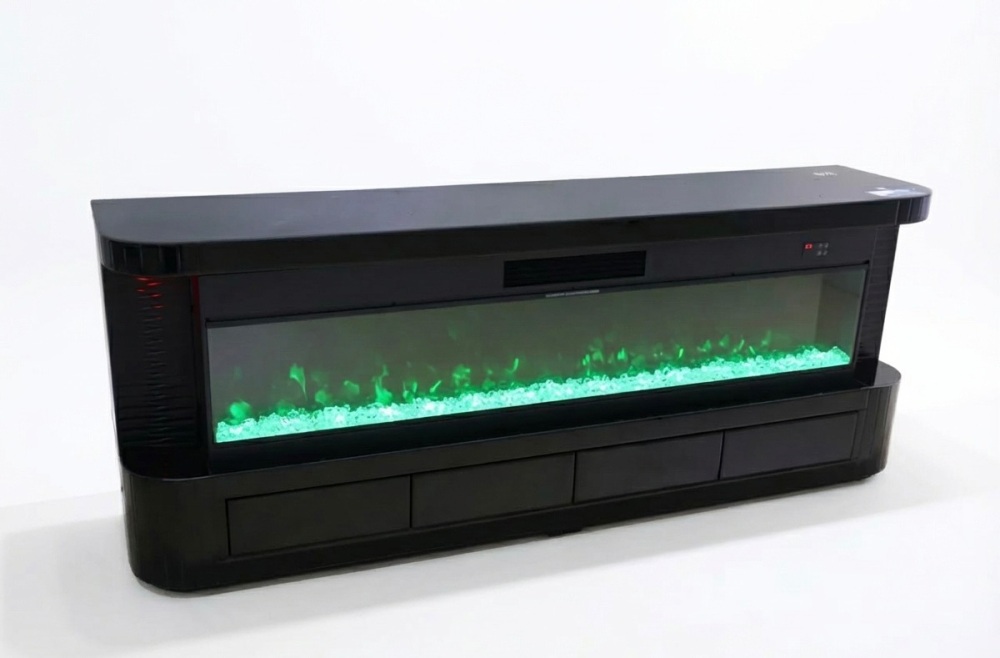 New Black Mirrored Fire Rounded Edge TV Media Unit with Down lights, 4 Drawers, wireless charging and bluetooth.