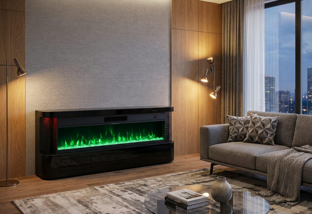 New Black Mirrored Fire Rounded Edge TV Media Unit with Down lights, 4 Drawers, wireless charging and bluetooth.