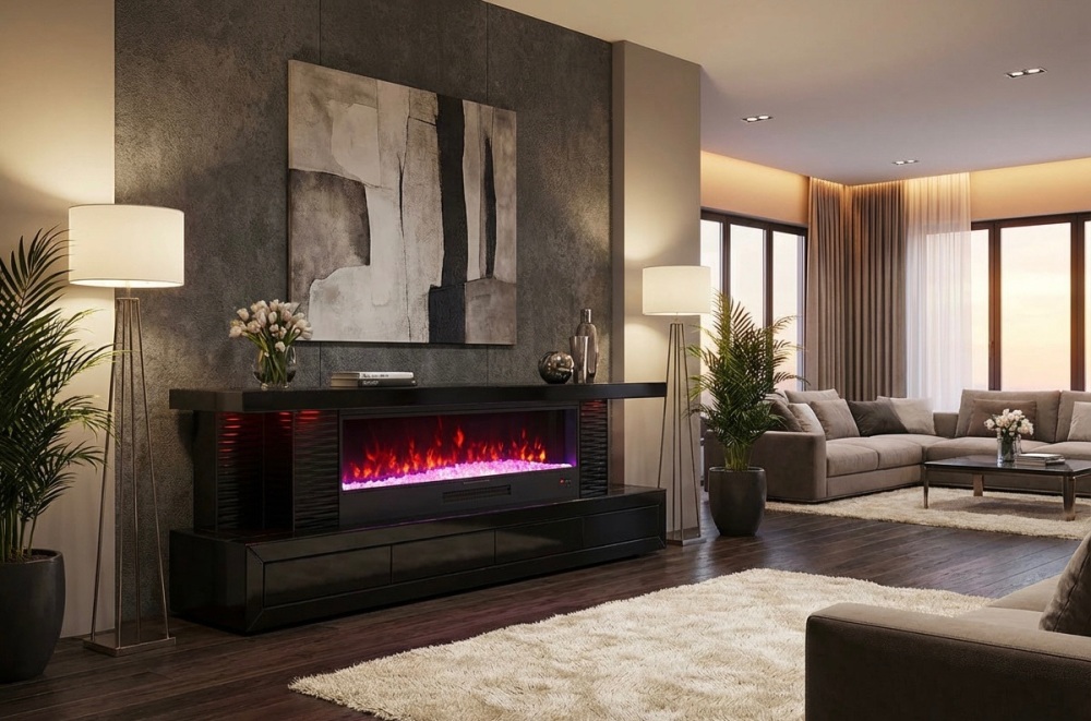 New Black Mirrored Fire TV Media Unit with Down lights, 4 Drawers, wireless charging and bluetooth.