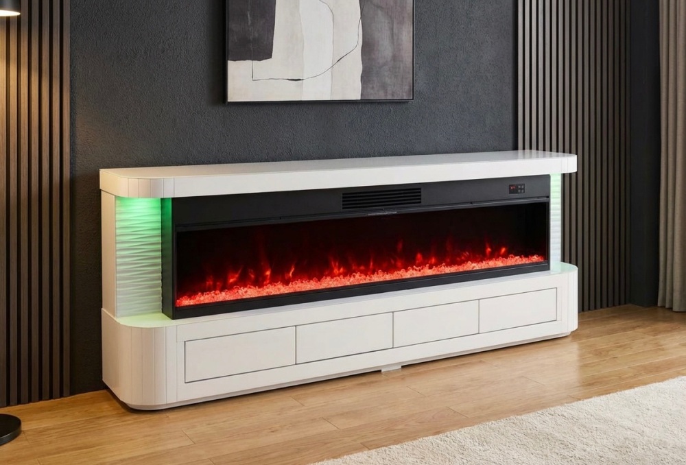 New White Mirrored Fire Rounded Edge TV Media Unit with Down lights, 4 Drawers, wireless charging and bluetooth.