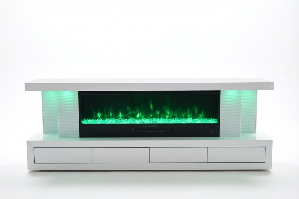 New White Mirrored Fire TV Media Unit with Down lights, 4 Drawers, wireless charging and bluetooth.