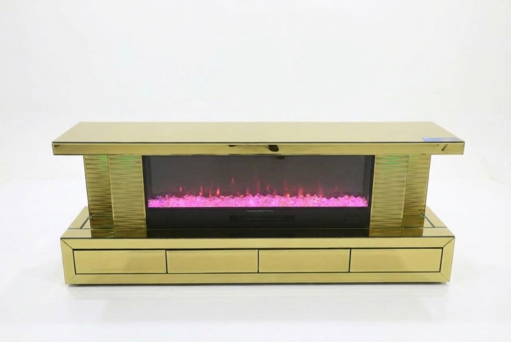 New Gold Mirrored Fire TV Media Unit with Down lights, 4 Drawers, wireless charging and bluetooth.