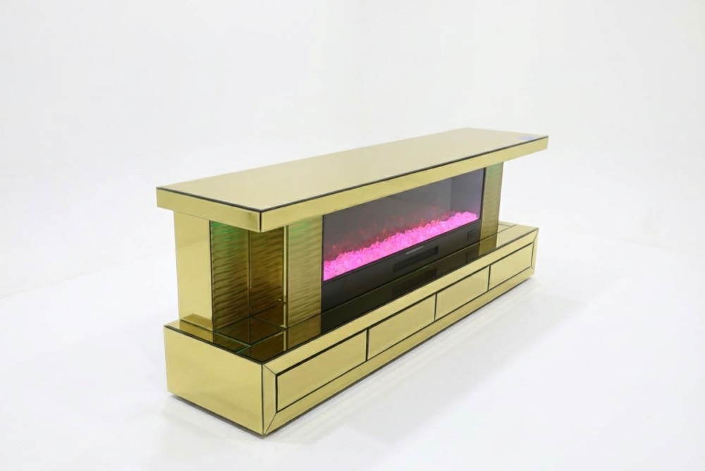 New Gold Mirrored Fire TV Media Unit with Down lights, 4 Drawers, wireless charging and bluetooth.