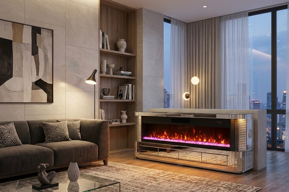 New Silver Mirrored Fire Rounded Edge TV Media Unit with Down lights, 4 Drawers, wireless charging and bluetooth.