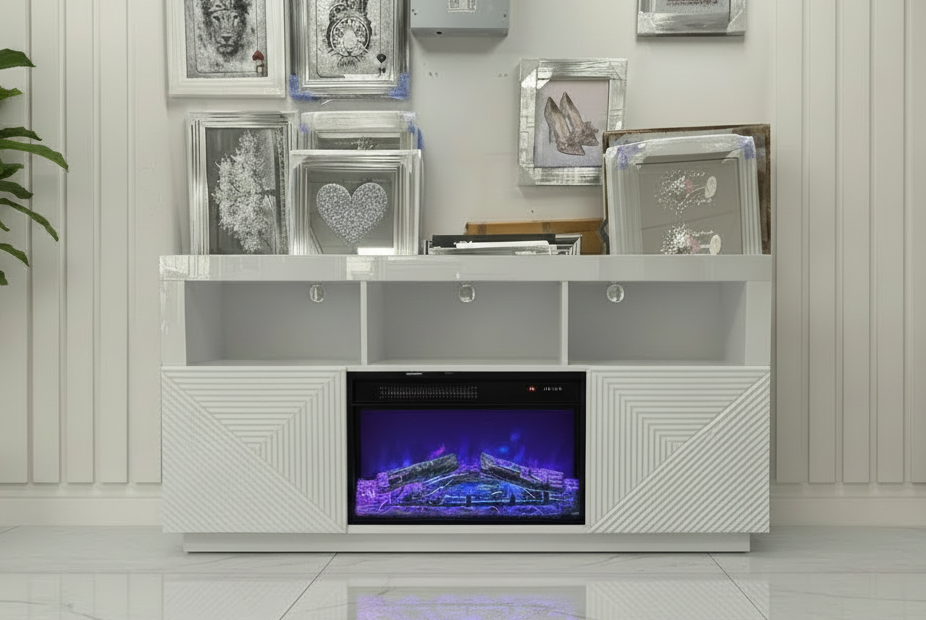 # White Glass TV Media Sideboard 140cm 2 Door with electric multi colour fire and mood lighting alcoves IN STOCK
