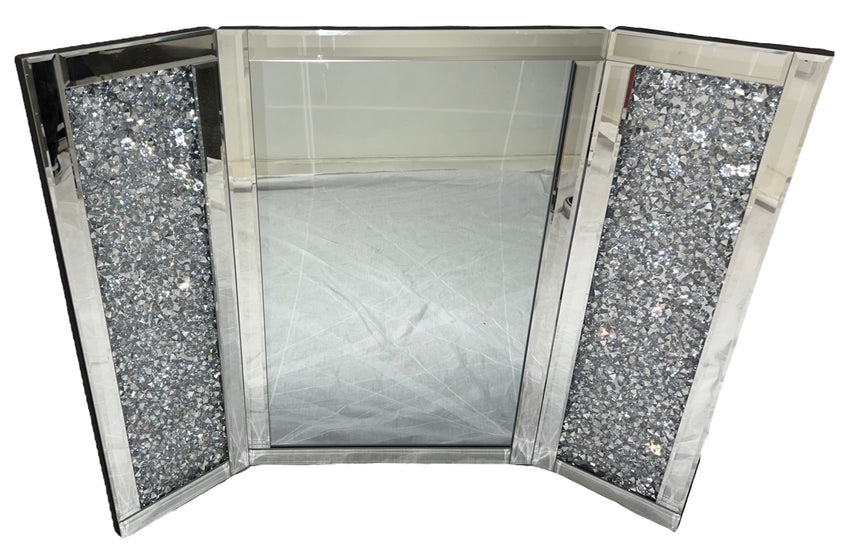 Diamond Crush Sparkle Silver Tri fold Mirror  in stock