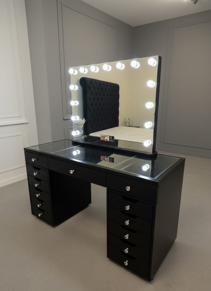 # * Special offer Toulouse Vanity Desk in Black 13  Drawer with built in Led light & Hollywood Mirror with USB port bluetooth SPECIAL OFFER PRICE