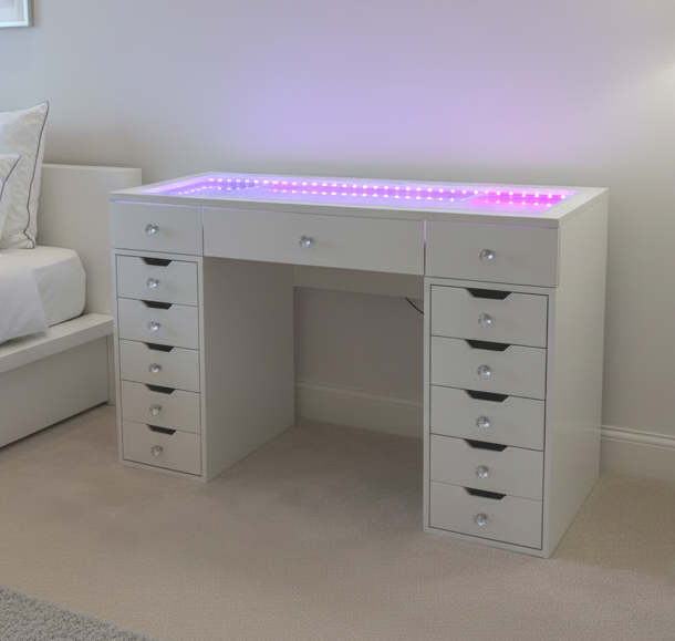 # *SPECIAL OFFER * Toulouse White 120cm 13 Drawer Dressing Table with a clear glass top led lights