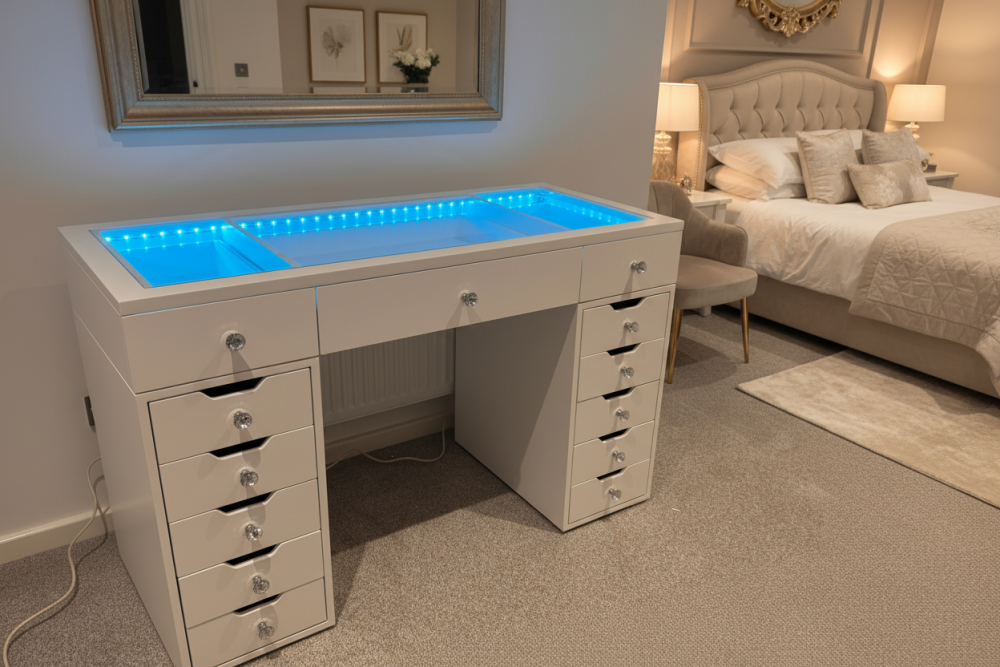 # *SPECIAL OFFER * Toulouse White 120cm 13 Drawer Dressing Table with a clear glass top led lights