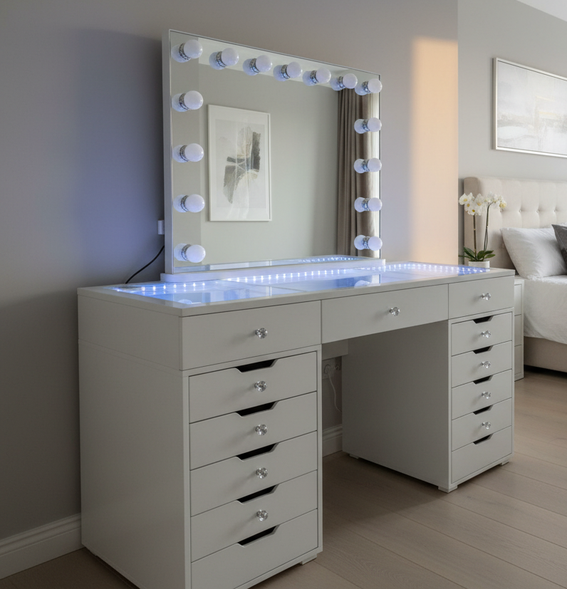 # *  SPECIAL OFFER Toulouse White 150cm 13 Drawer Dressing Table with a clear glass top  led lights & FREE  Hollywood Mirror with bluetooth