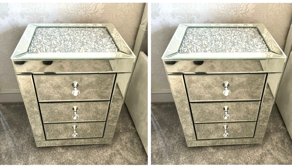 * Monica Diamond Crush Mirrored 3 Drawer Bedside Chests x 2  with a Diamond crush Top