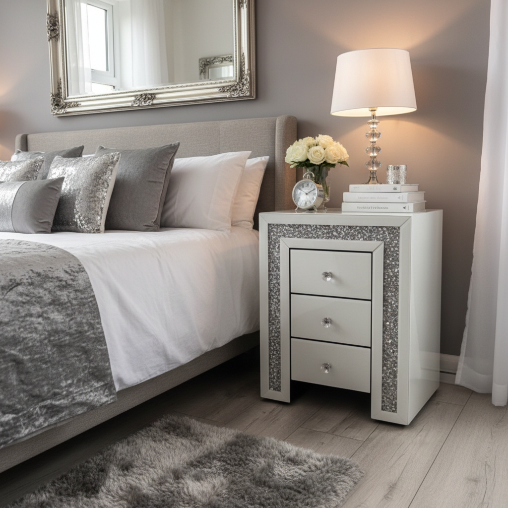 * Monica Diamond Crush Border Mirrored White 3 Draw Bedside Chest with a Diamond crush Border