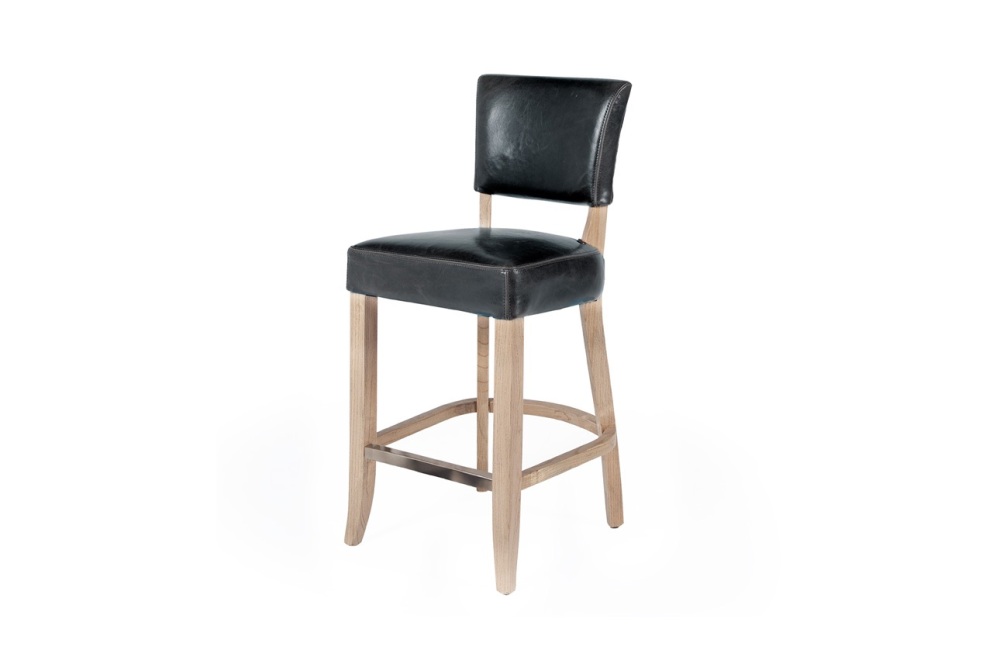 Duke Bar Stool Solid oak legs in Ink colour Leather