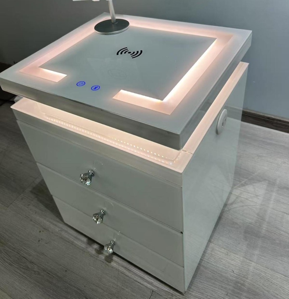 * Bianco Mirrored White 3 Drawer Bedside Chest with Wireless Charging & LED lights
