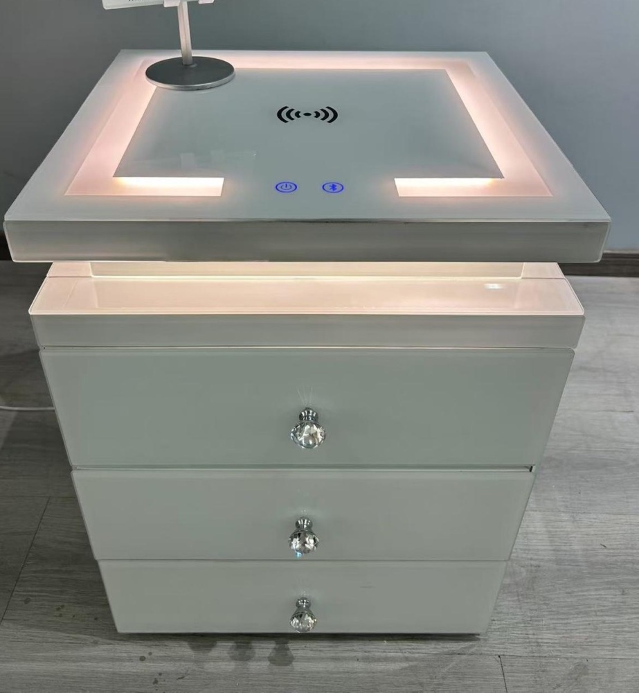 * Bianco Mirrored White 3 Drawer Bedside Chest with Wireless Charging & LED lights