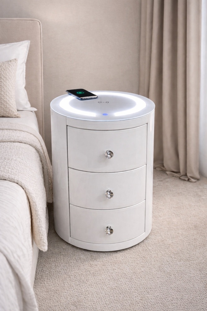* Bianco Mirrored White Round 3 Drawer Bedside Chest with Wireless Charging & LED lights