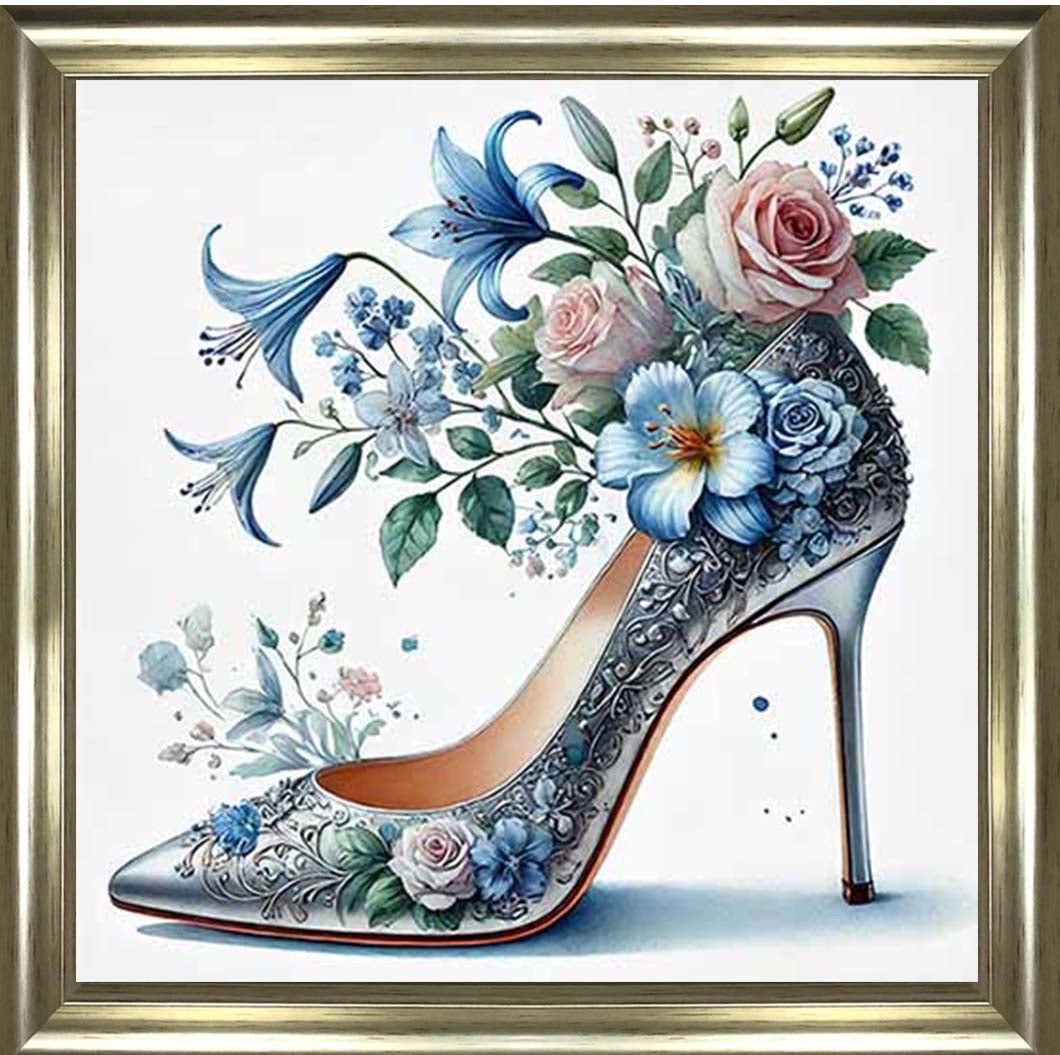 Floral Blue Shoe in a Champagne Frame 55cm x 55cm