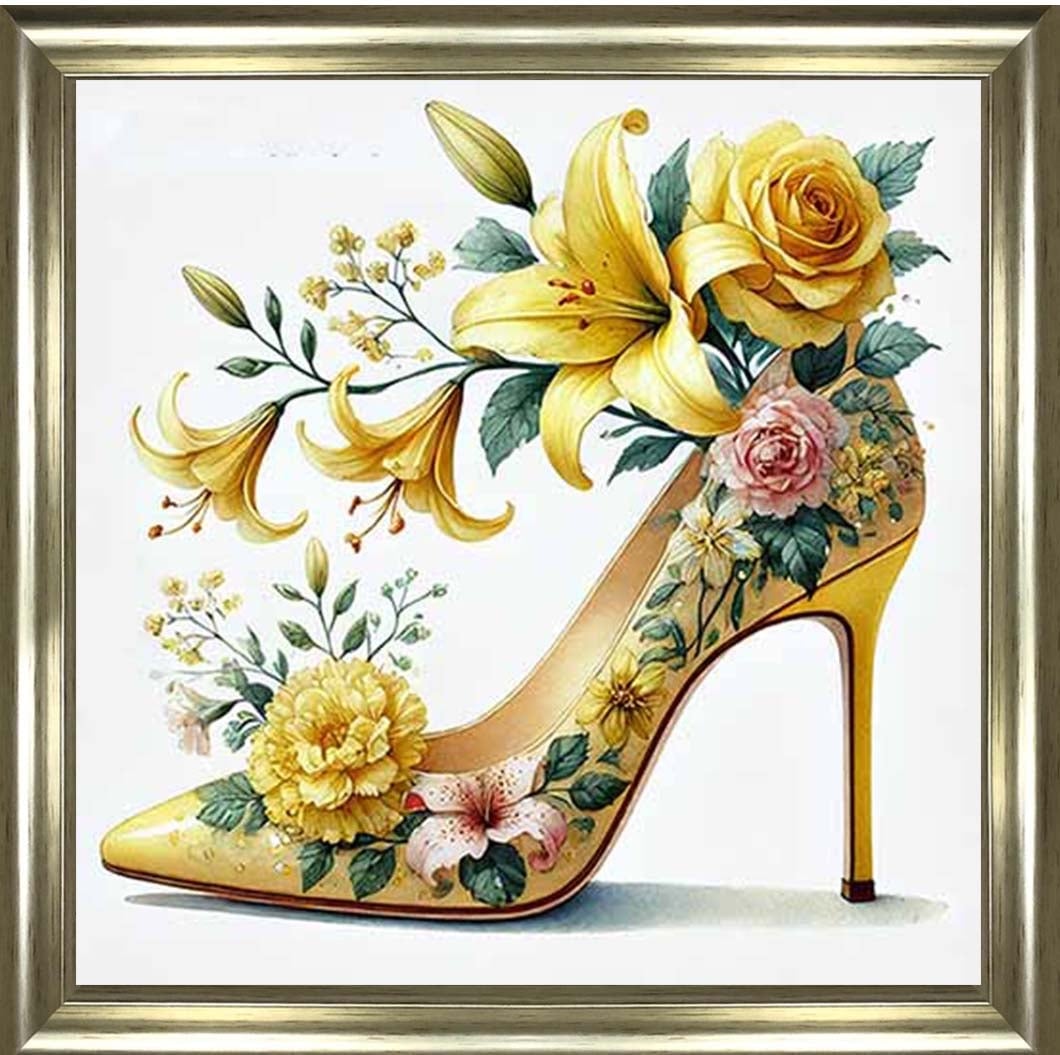 Floral Yellow Shoe in a Champagne Frame 55cm x 55cm