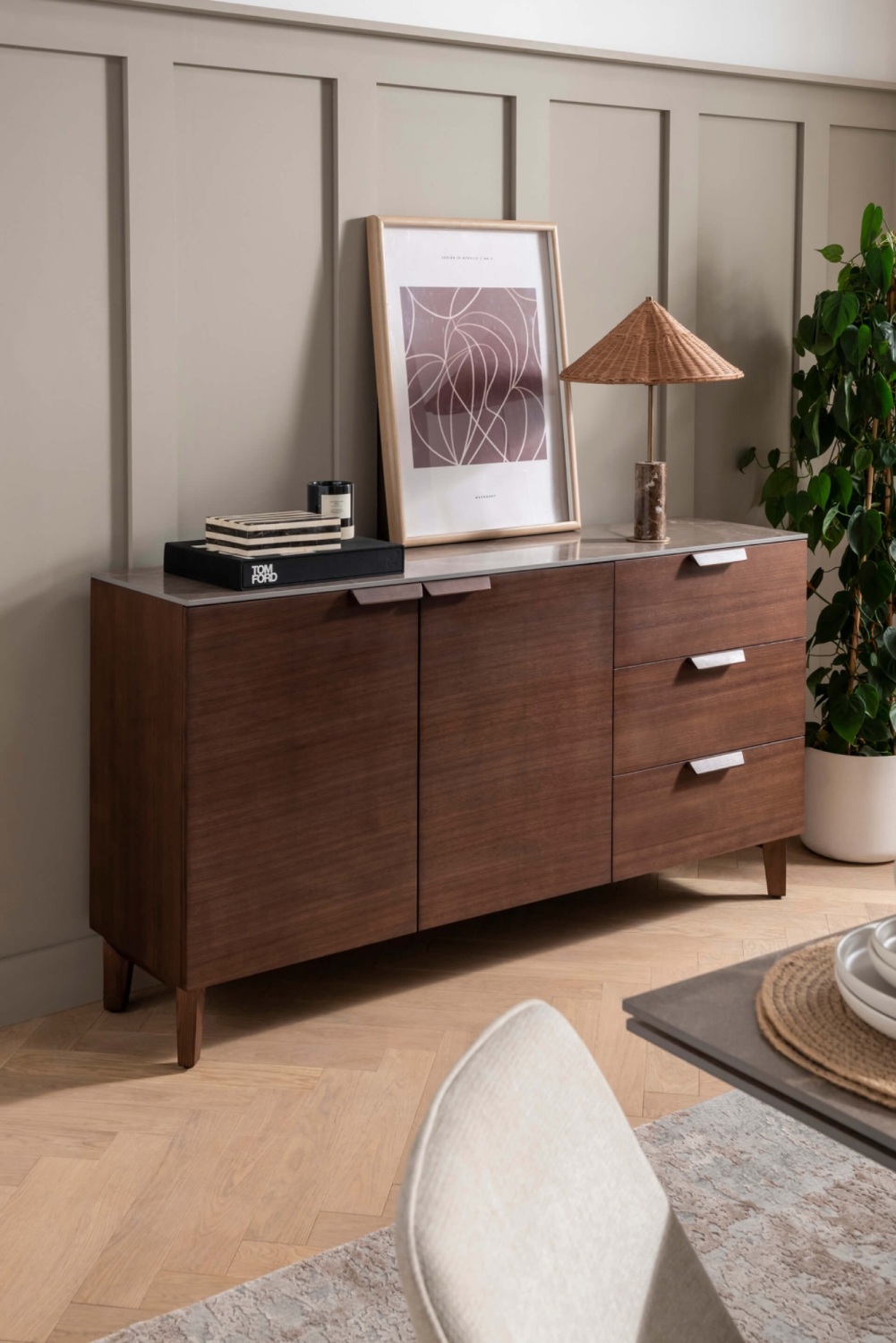 Axton Sideboard in wirh a Sinter Stone Latte Top 3 drawer 2 door 160cm
