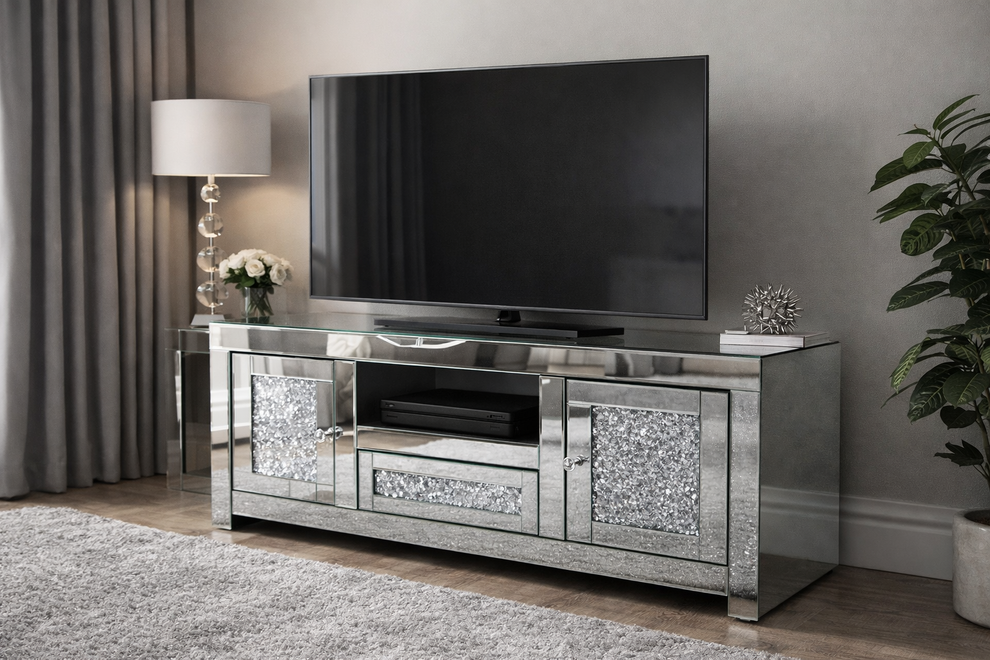 * Diamond Crush Sparkle Mirrored TV Entertainment Unit 150cm