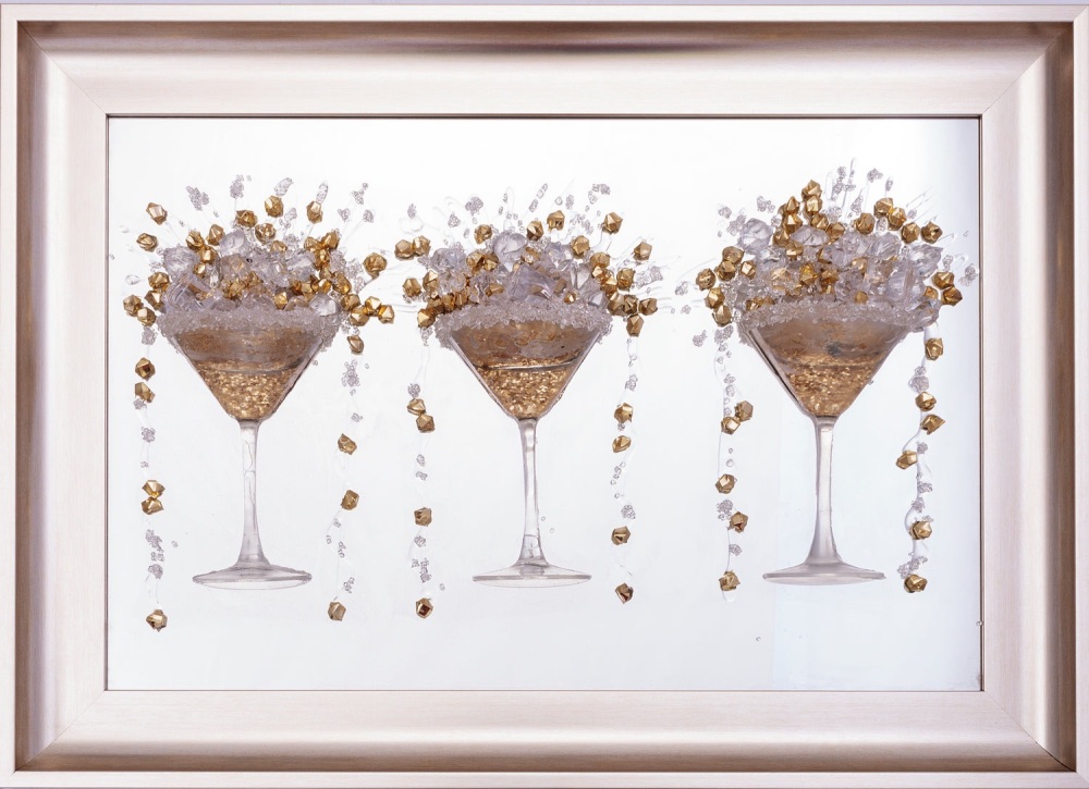 3D Martini gold 3 Cup wall art on a Silver mirror backing Brushed Gold Frame